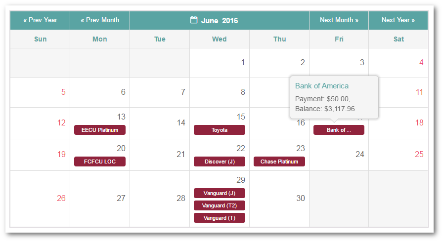 Full calendar payment planner view