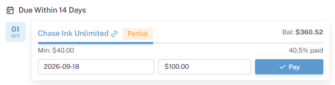 quick pay button on Dashboard page