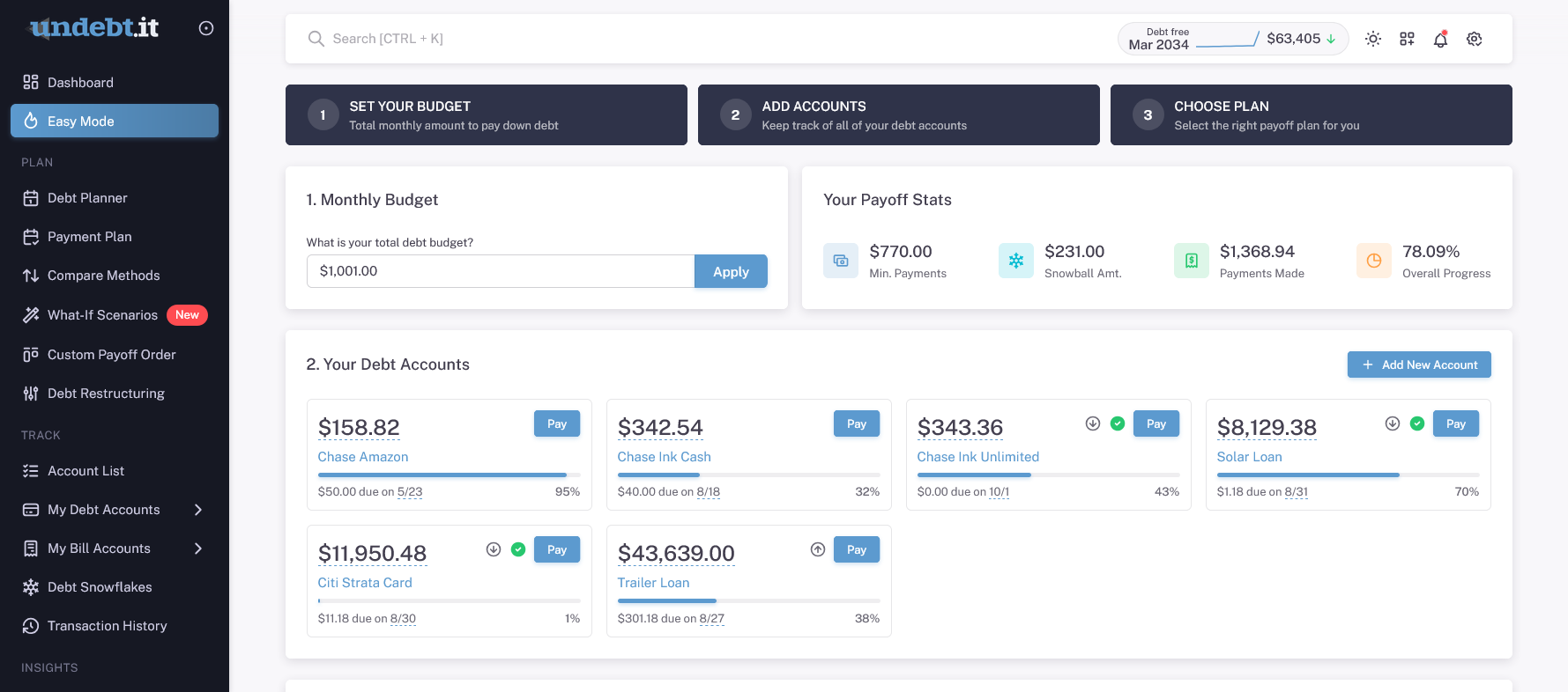 Undebt.it easy mode - budget, accounts, and payoff plan on one screen