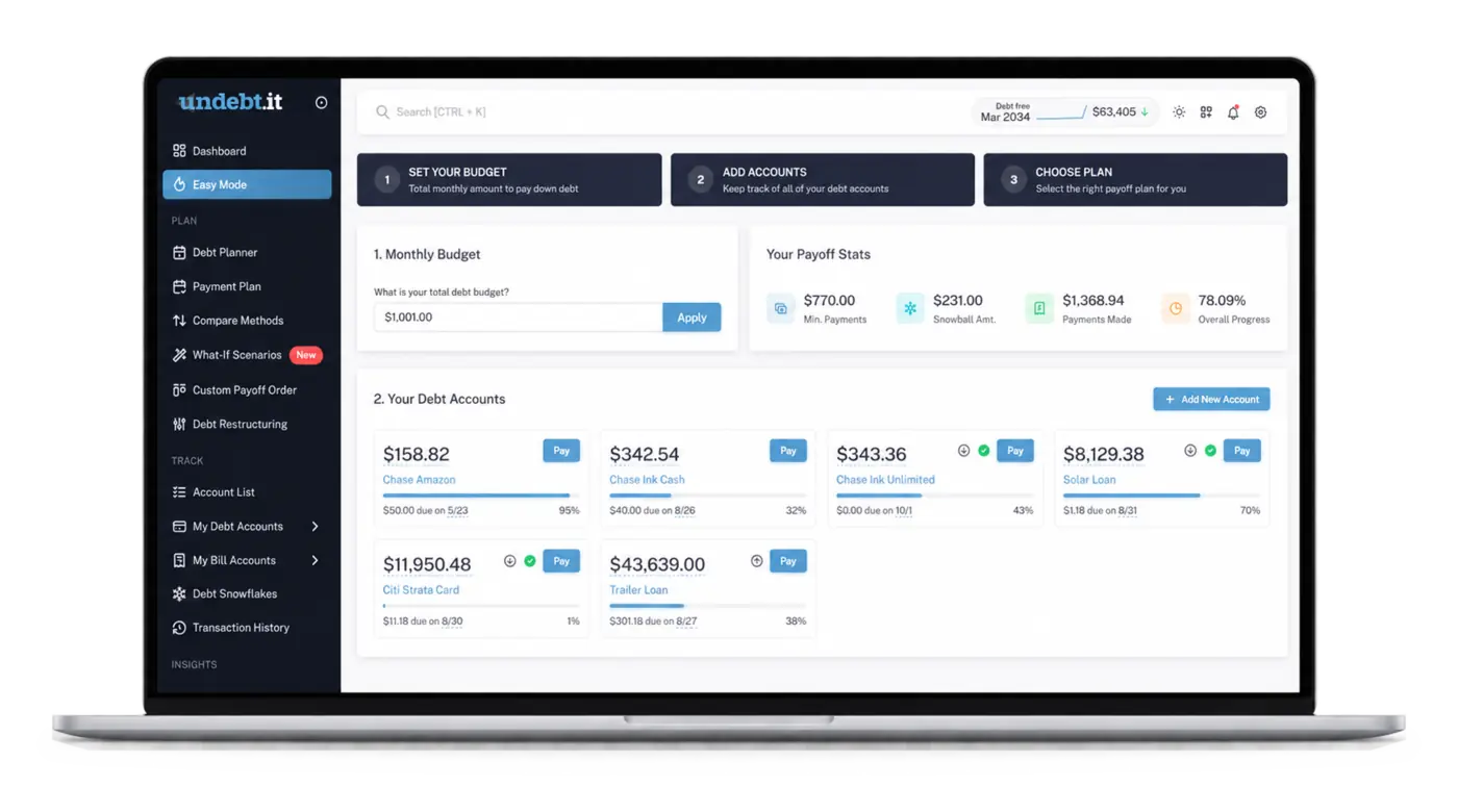 Undebt.it debt payoff dashboard in easy mode, shown on a laptop