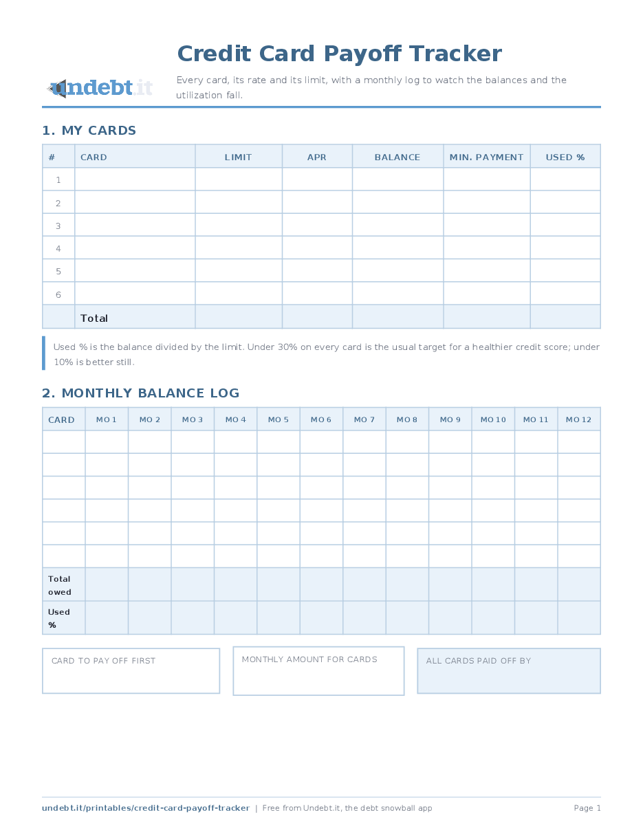 Credit Card Payoff Tracker: page one of the free printable PDF