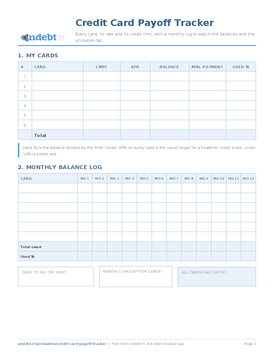 Credit Card Payoff Tracker: page one of the free printable PDF