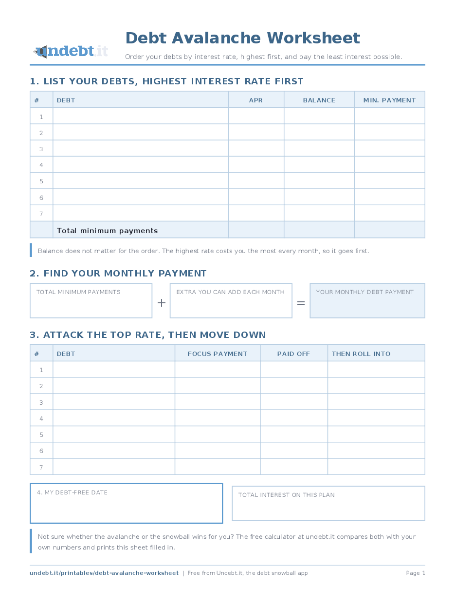 Debt Avalanche Worksheet: page one of the free printable PDF