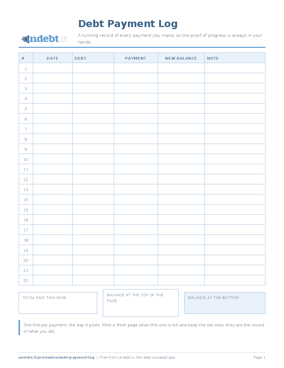 Debt Payment Log: page one of the free printable PDF