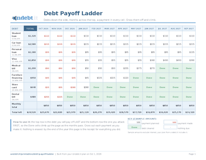 Debt Payoff Ladder filled in with sample data