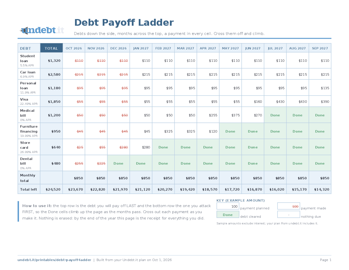 Debt Payoff Ladder filled in with sample data