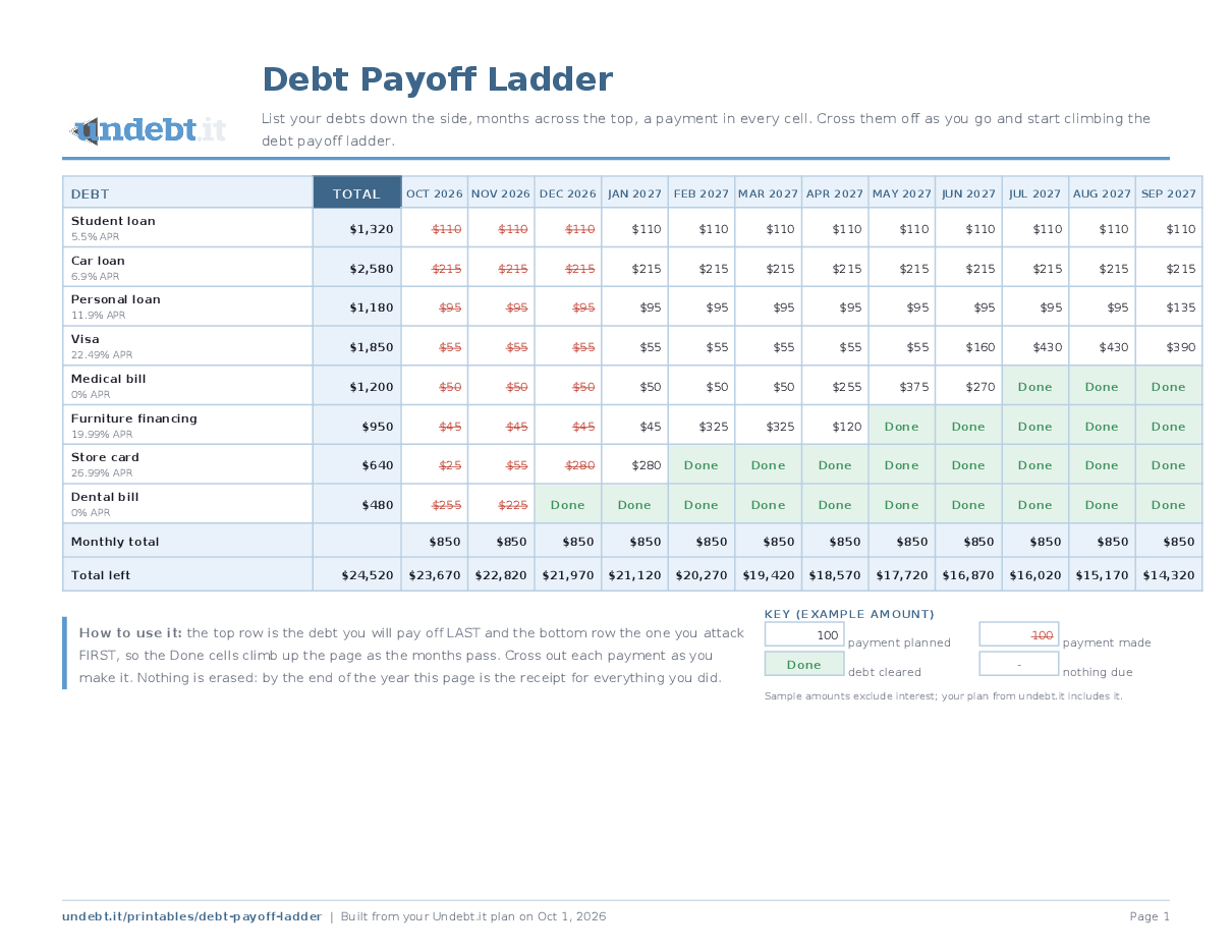 Debt Payoff Ladder filled in with sample data