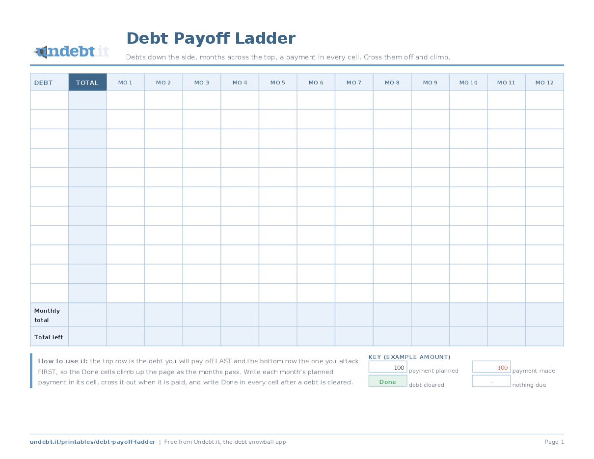 Debt Payoff Ladder: page one of the free printable PDF