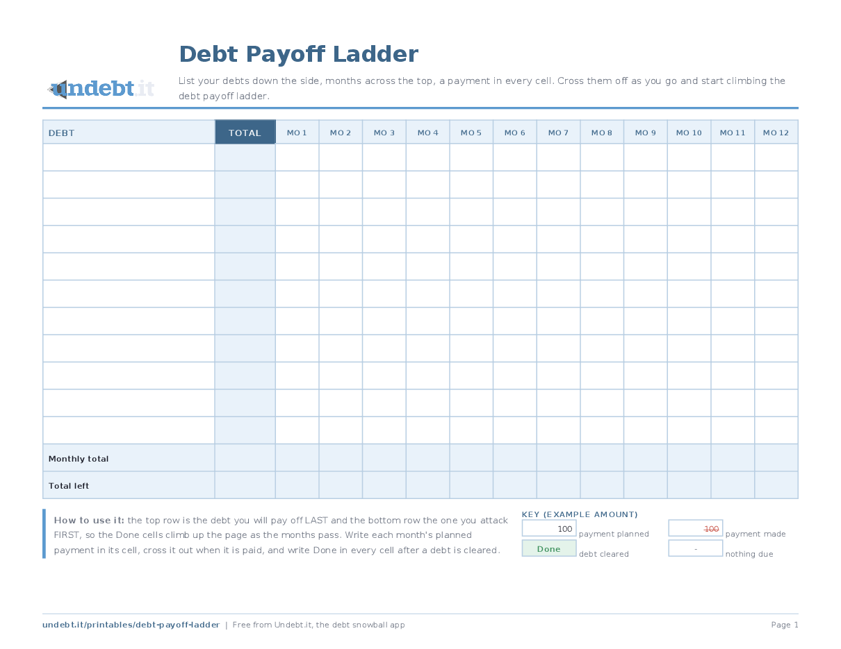 Debt Payoff Ladder: page one of the free printable PDF