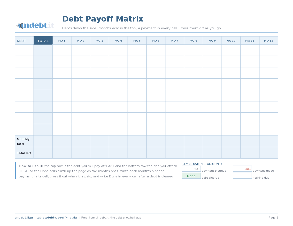 Debt Payoff Matrix: page one of the free printable PDF