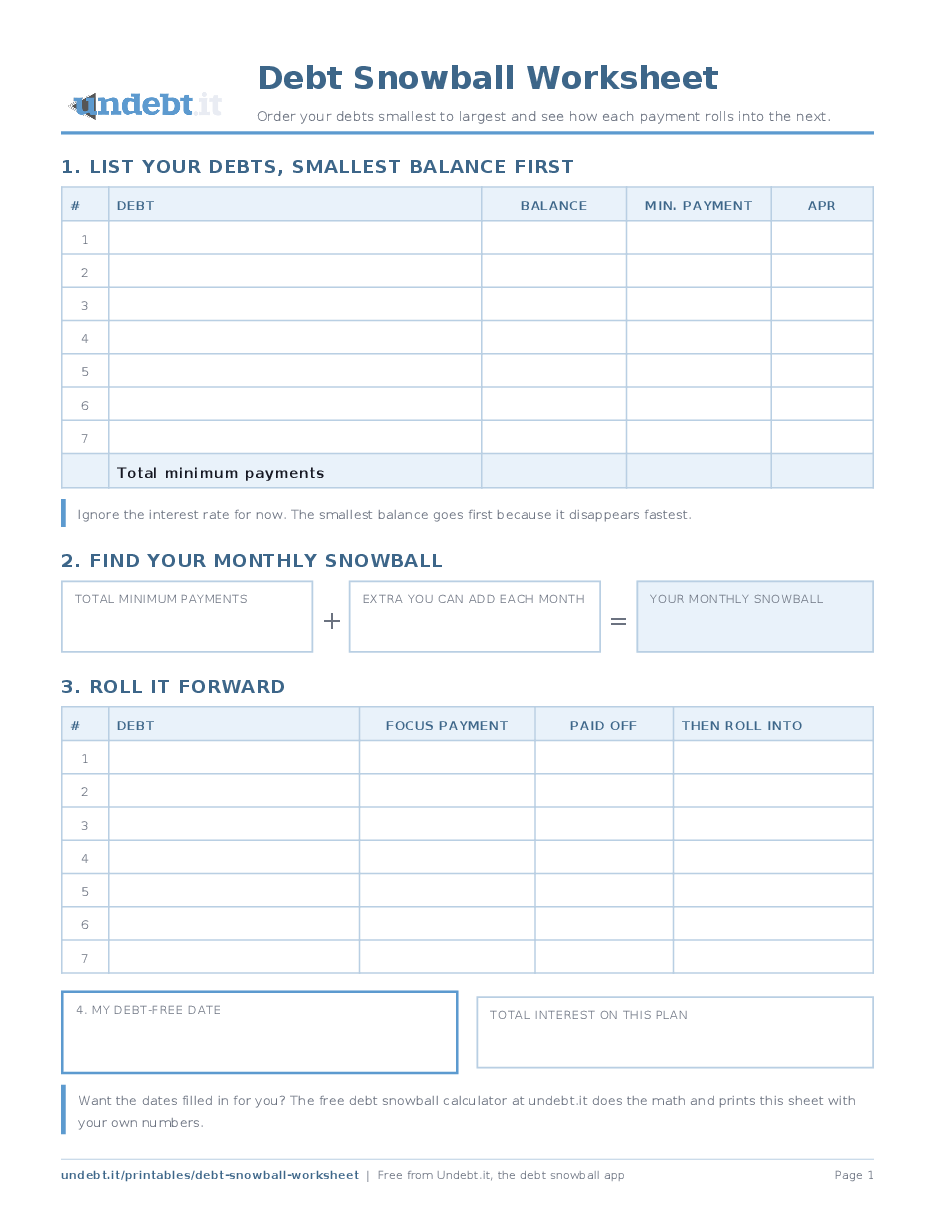 Debt Snowball Worksheet: page one of the free printable PDF