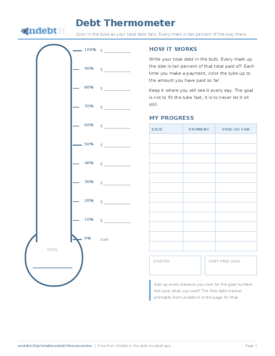 Debt Thermometer: page one of the free printable PDF