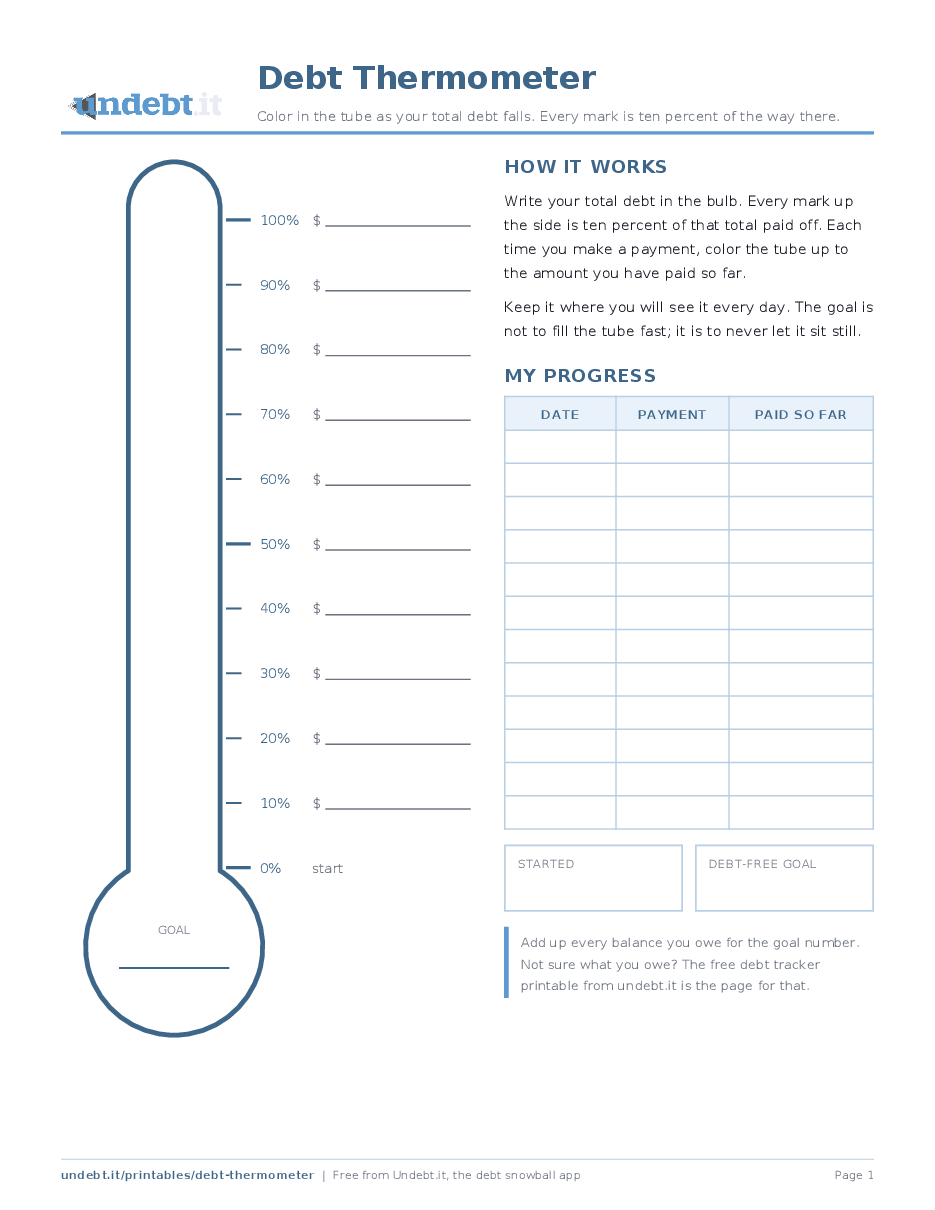 Debt Thermometer: page one of the free printable PDF