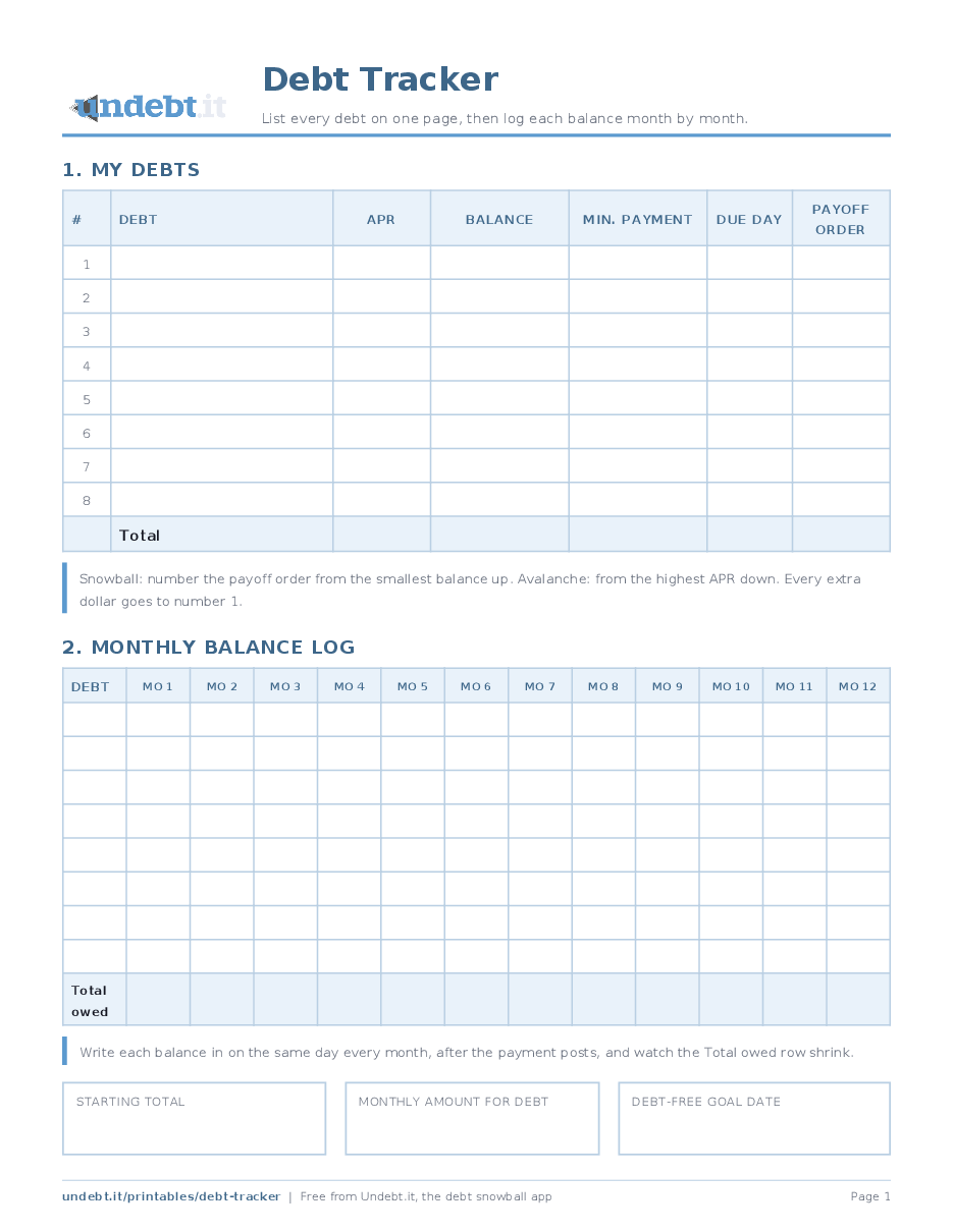 Debt Tracker: page one of the free printable PDF