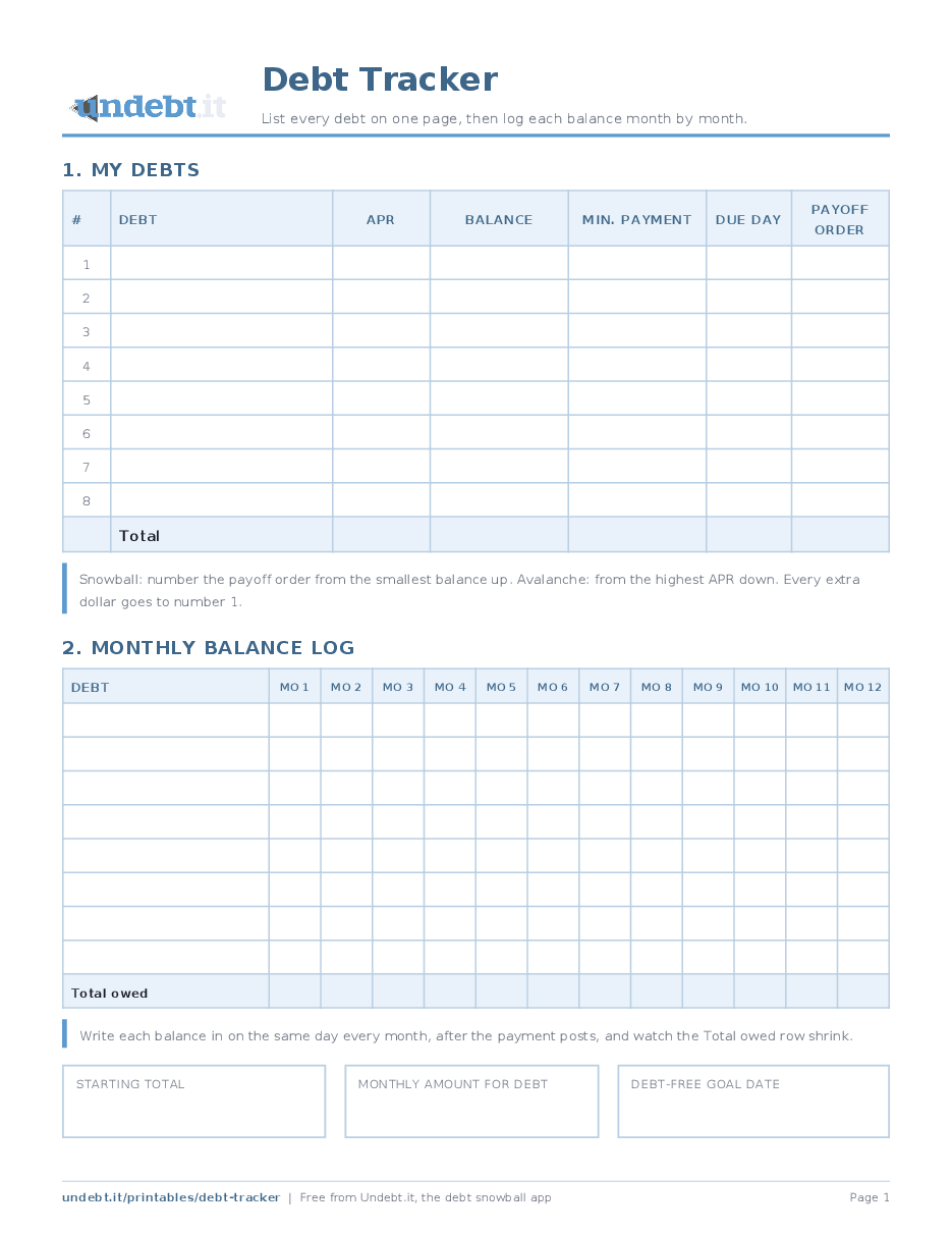 Debt Tracker: page one of the free printable PDF