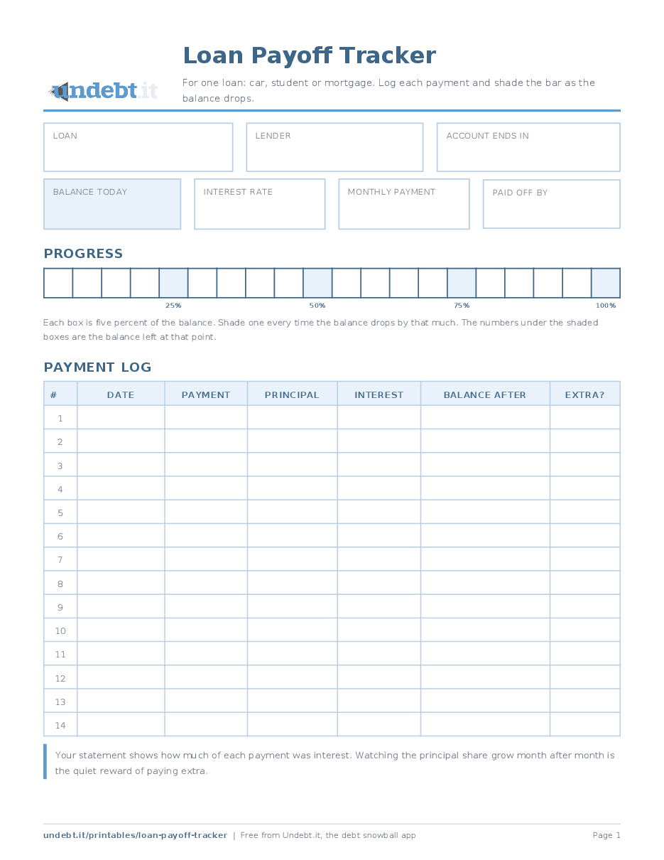 Loan Payoff Tracker: page one of the free printable PDF