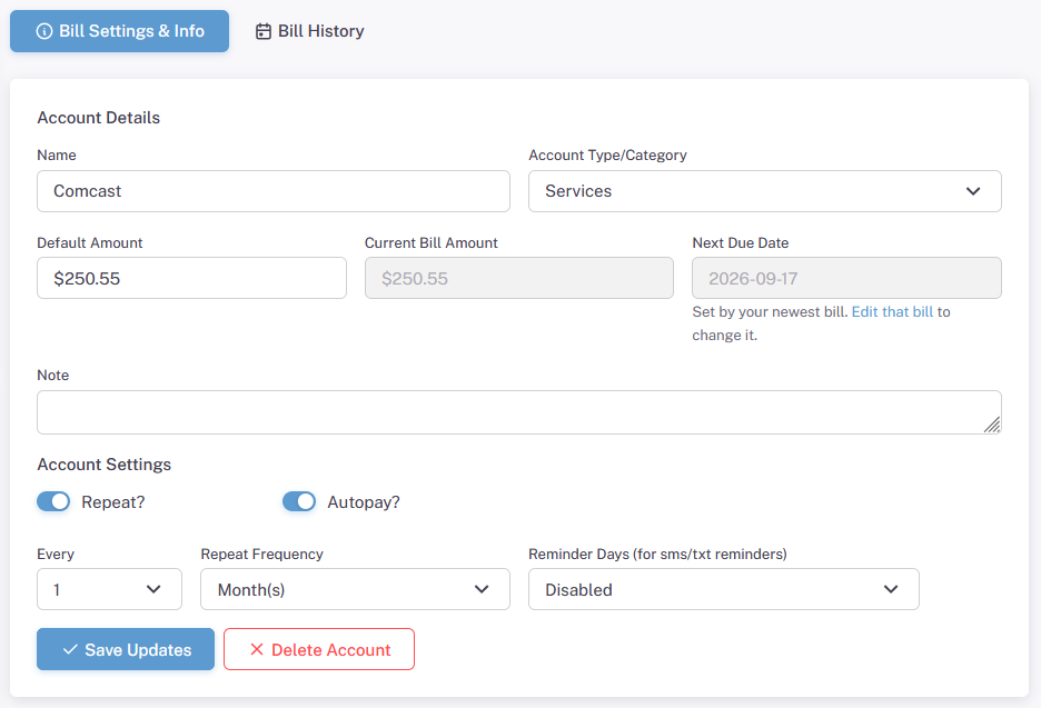 Bill account settings, including the repeat schedule and due date