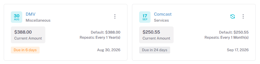 Bill account cards on the Account List page