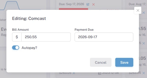 Editing a bill's amount and due date