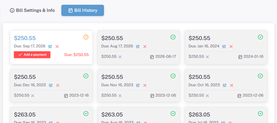 A bill's payment history, every payment on record