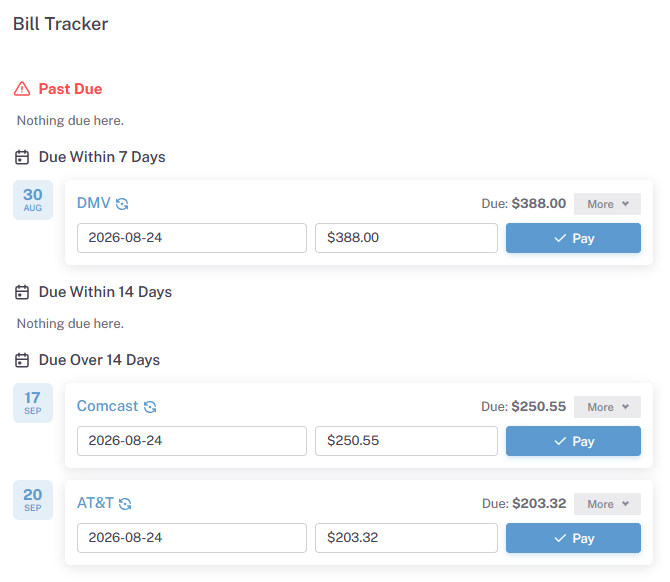 The Undebt.it+ bill tracker on the dashboard, with upcoming bills and due dates
