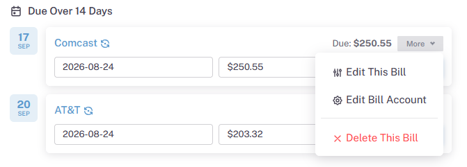 Editing a bill directly from the dashboard bill tracker