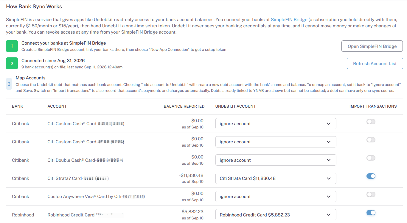 The SimpleFIN Sync page in Undebt.it showing a connected bank and its accounts mapped to debts