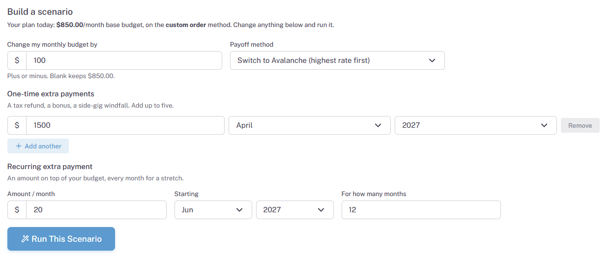 The What-If Scenarios builder: change your monthly budget, switch payoff method, and add one-time and recurring extra payments