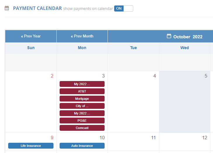 showing payments on the payment calendar