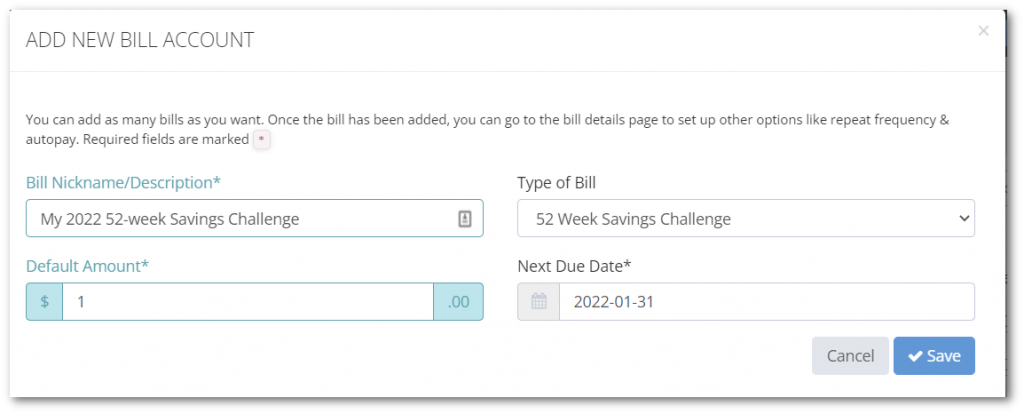 52-week challenge new account setup