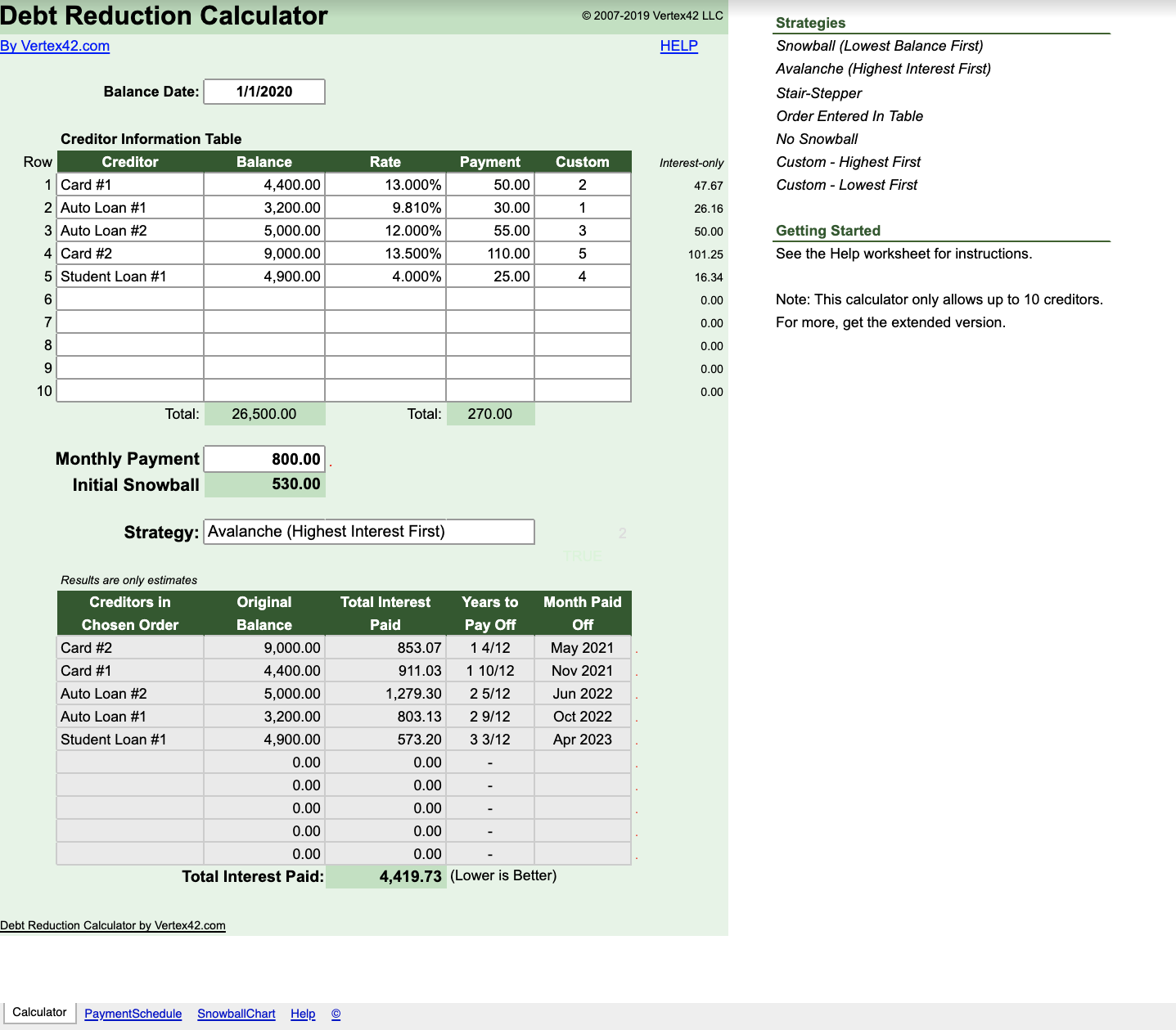 debt reduction excel template