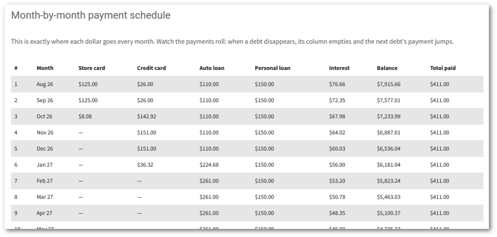 snowball calculator detailed payments table