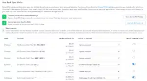 Undebt.it bank sync page showing SimpleFIN bank accounts mapped to Undebt.it debts, with an import transactions switch per account